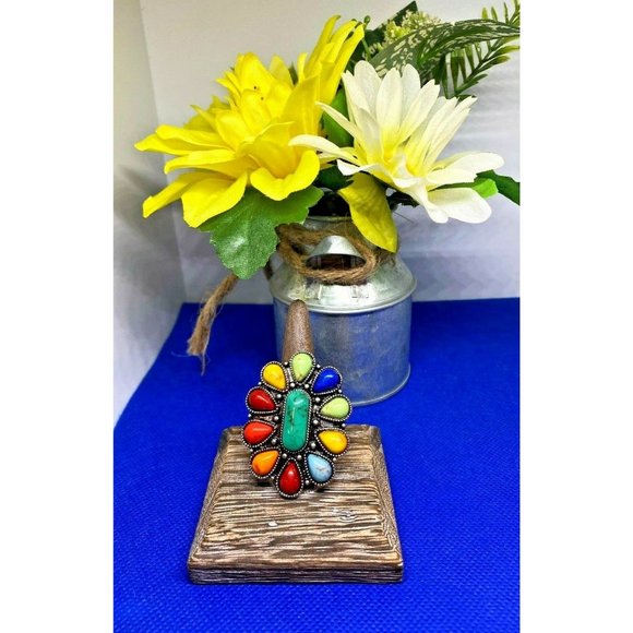 Western Flower Turquoise Multi Color Silver ring - Picture 5 of 11